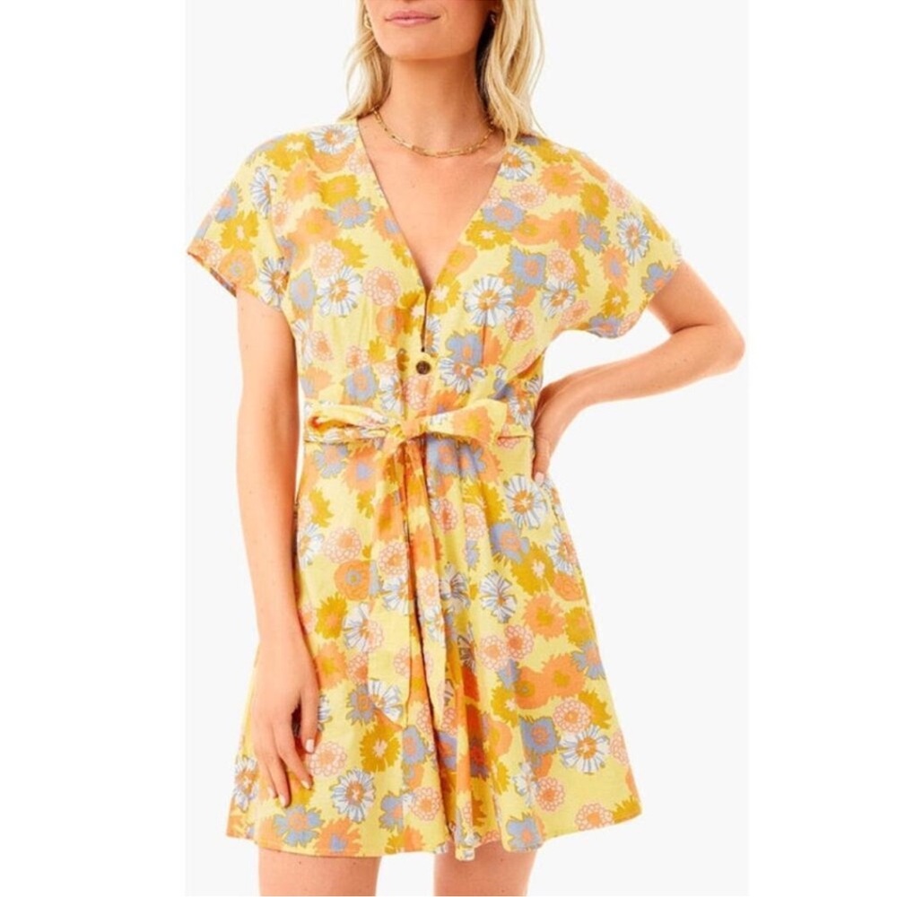 Marine Layer Camila Dress V-Neck A-Line Mini Yellow Vintage Floral Print Small